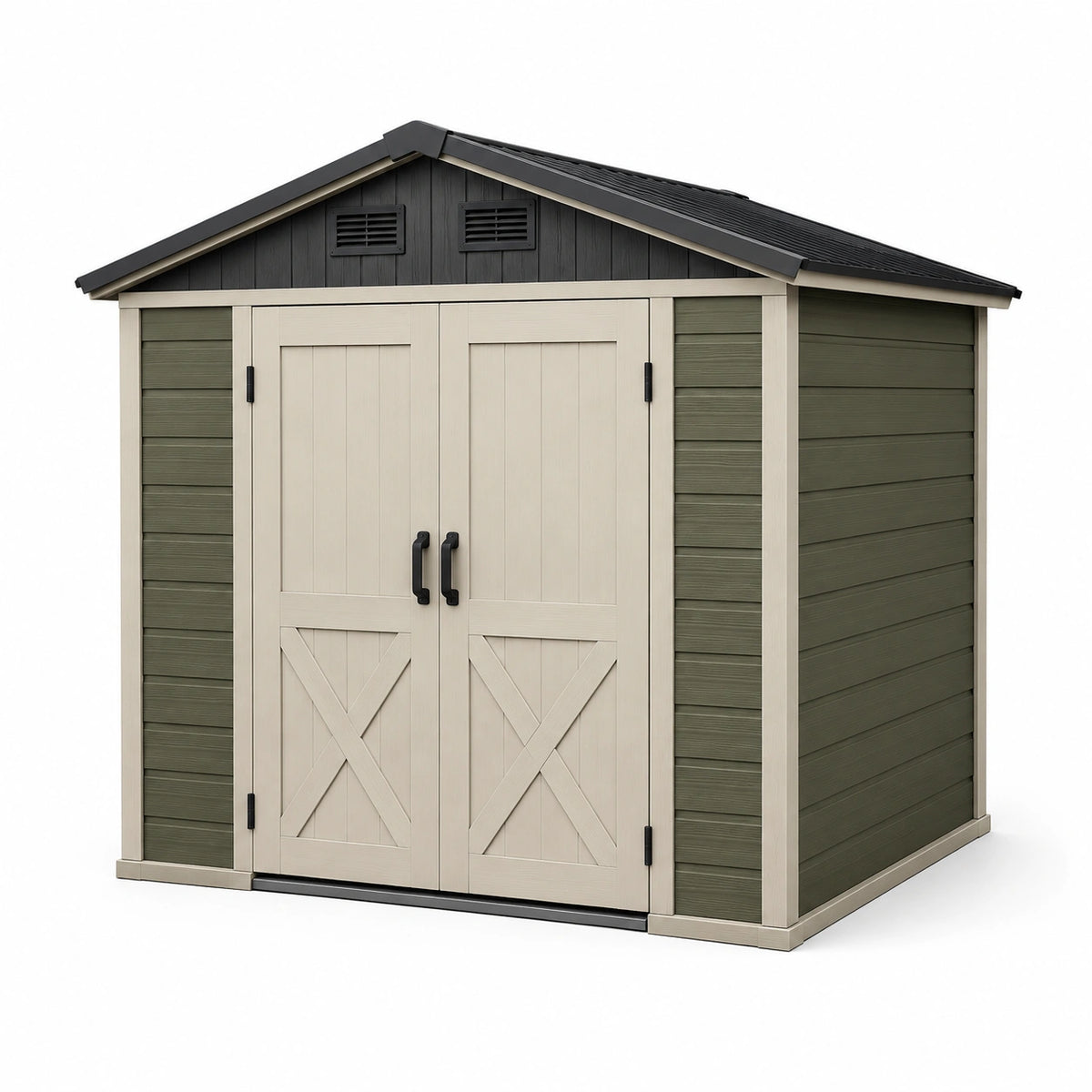 Abri de jardin en résine 190 x 120 x 183 cm taupe, vert foncé et noir avec double porte ventilée