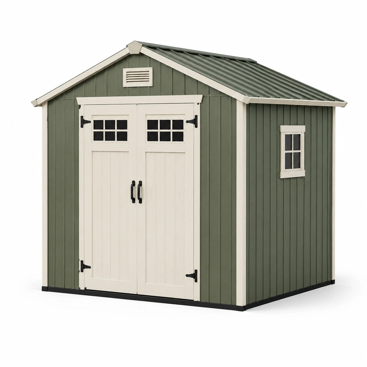 Abri de jardin extérieur 213 x 130 x 190 cm en résine vert olive, blanc et noir avec doubles portes