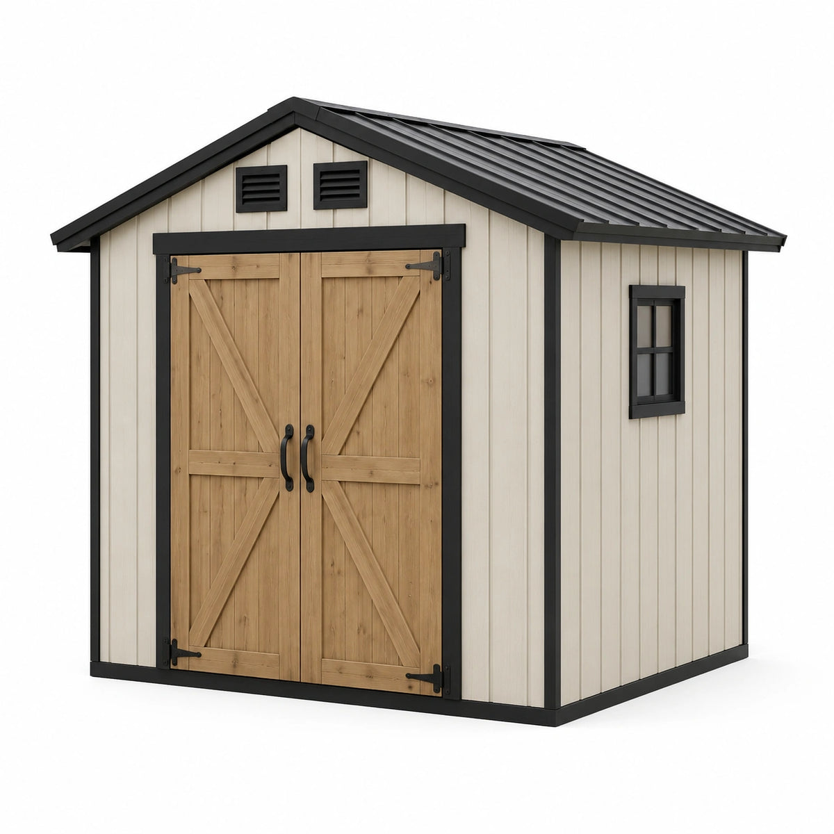 Abri de jardin style grange 240 x 180 x 220 cm en acier aspect bois Beige, Noir et Marron naturel