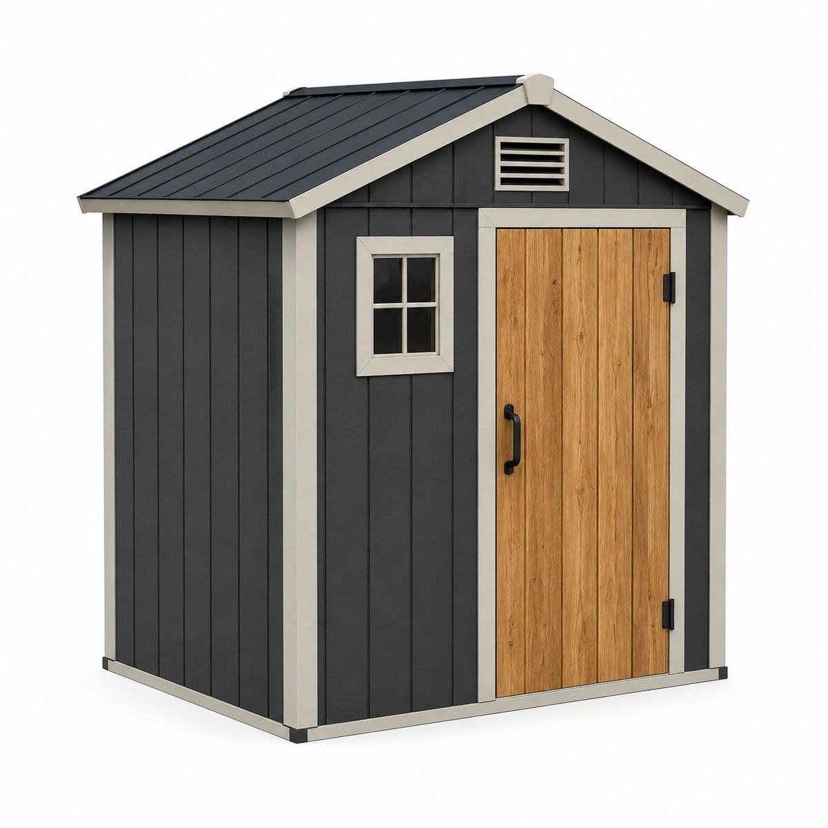 Abri de jardin contemporain 180 x 120 x 200 cm en acier anthracite, beige et aspect bois naturel