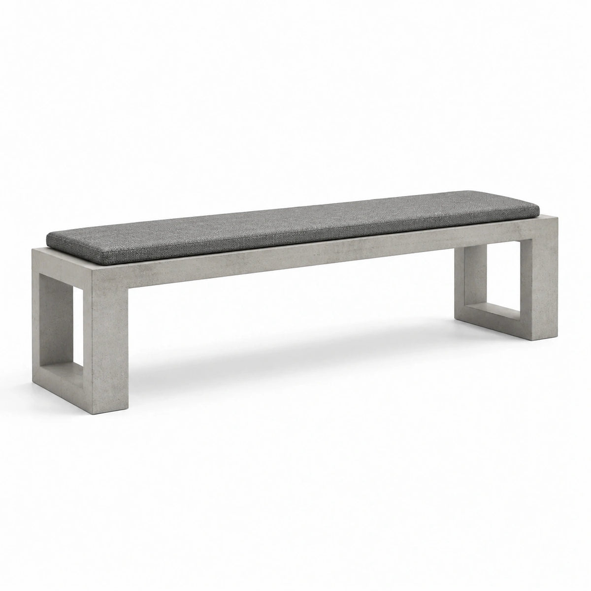 Banc contemporain en béton gris clair avec coussin en textile gris foncé, 180 x 40 x 45 cm