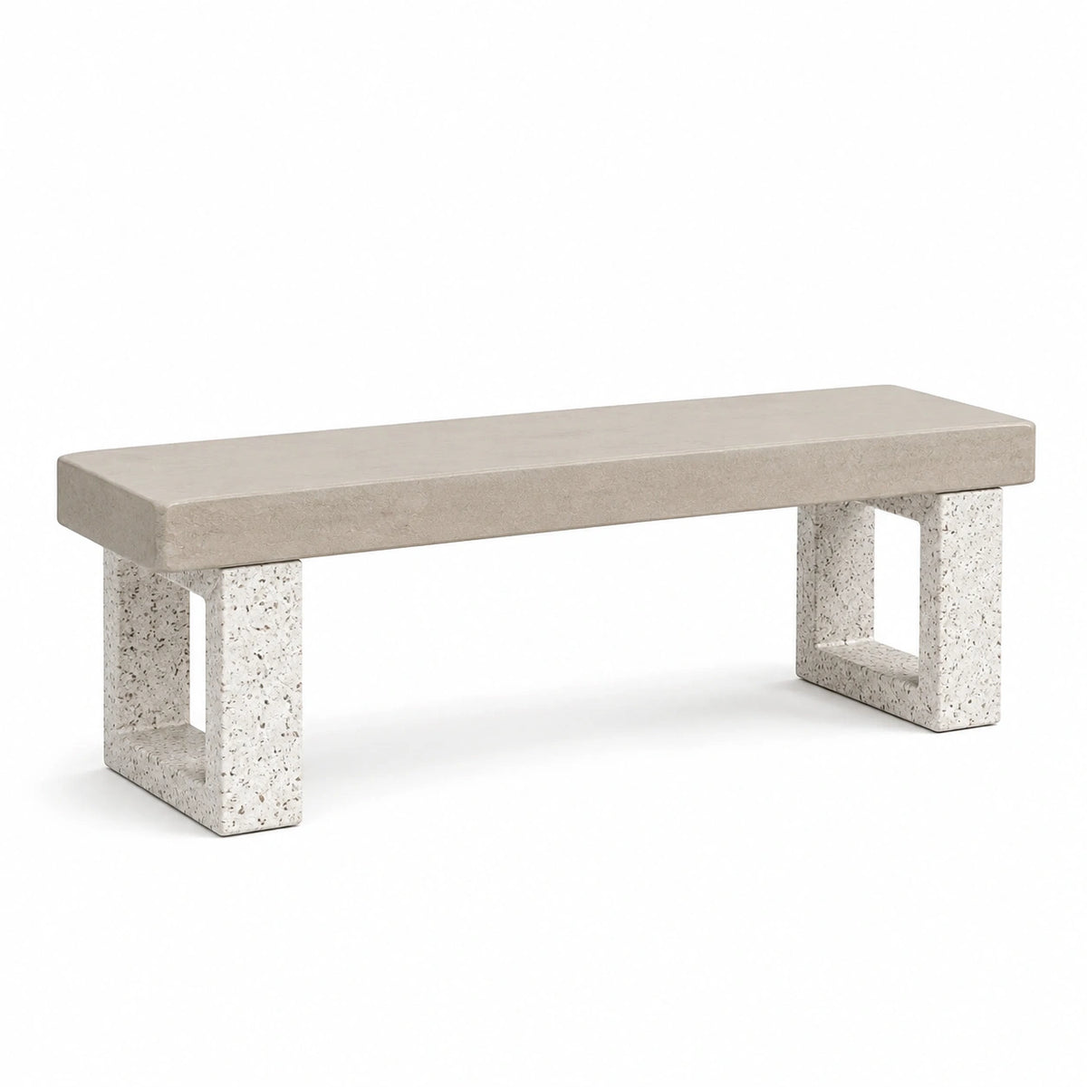 Banc contemporain en pierre beige et blanc cassé, 120 x 40 x 45 cm
