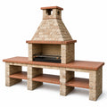 Barbecue de jardin rustique en pierre beige et terre cuite avec grille, 220 x 70 x 250 cm