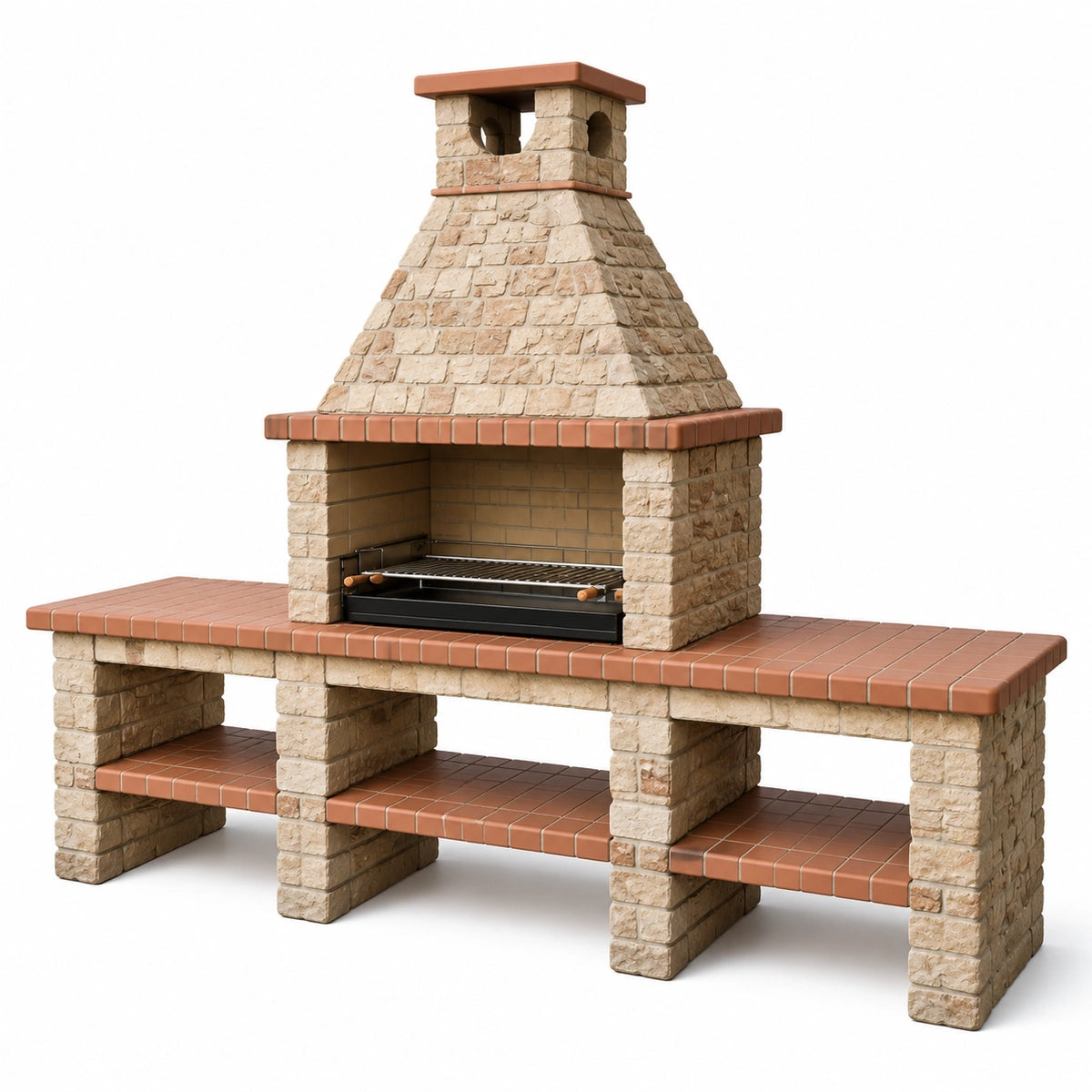 Barbecue de jardin rustique en pierre beige et terre cuite avec grille, 220 x 70 x 250 cm