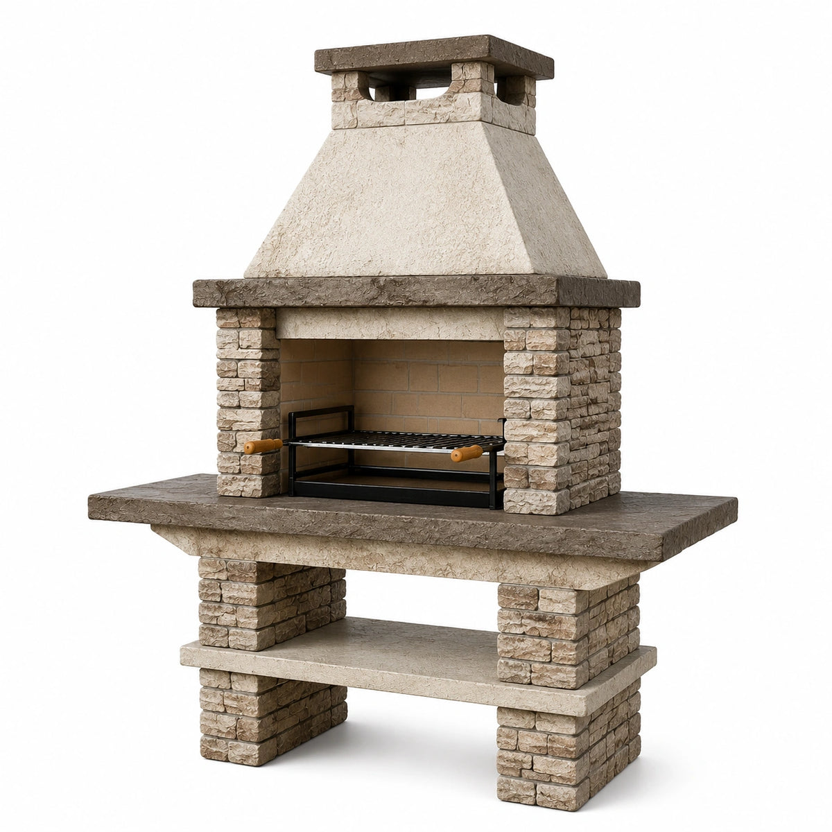 Barbecue de jardin rustique en pierre Beige, Marron et Noir avec grille métallique, 150 x 70 x 210 cm