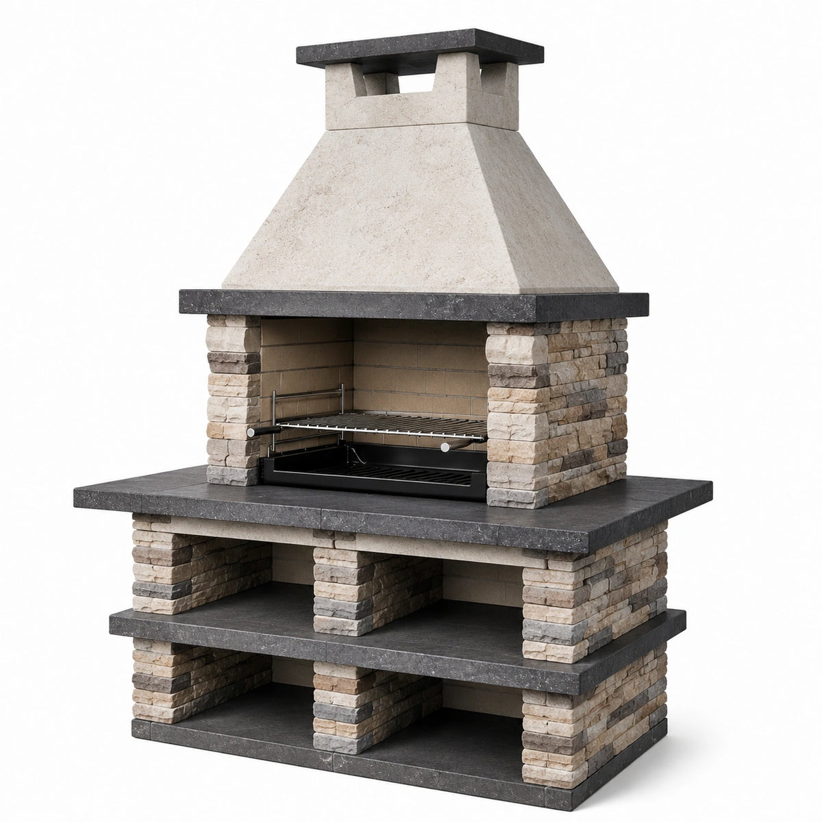 Barbecue de jardin rustique en pierre beige, anthracite et noir avec grille réglable, 150 x 75 x 230 cm