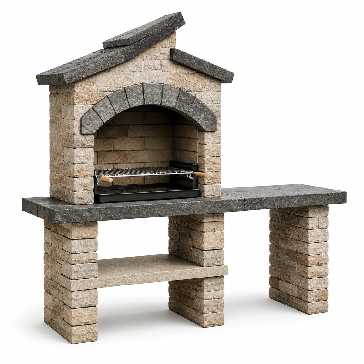 Barbecue de jardin rustique en pierre beige, gris et noir avec grille, 190 x 90 x 210 cm