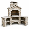 Barbecue extérieur en pierre beige et grise 320 x 80 x 230 cm avec cheminée et plans de travail
