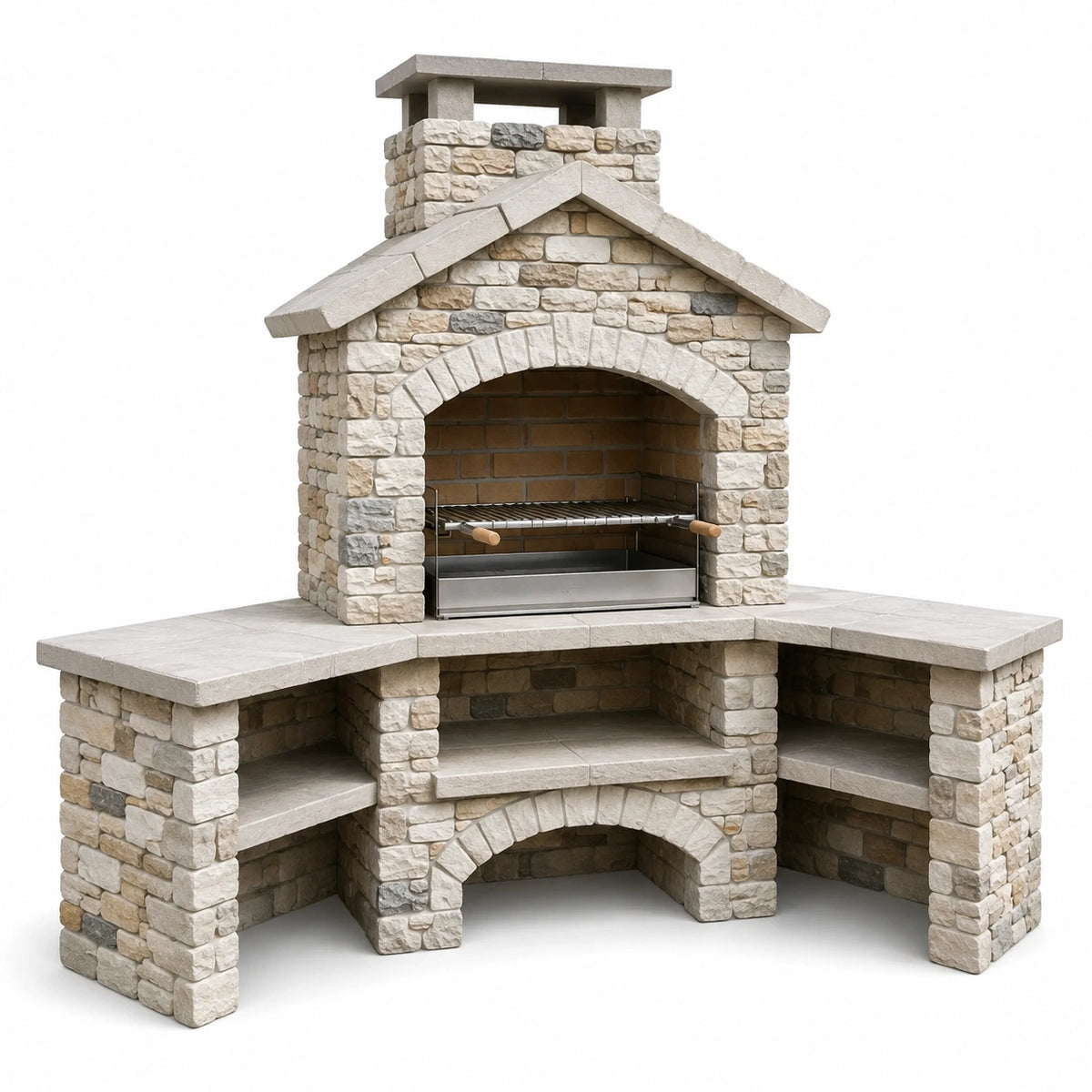 Barbecue extérieur en pierre beige et grise 320 x 80 x 230 cm avec cheminée et plans de travail