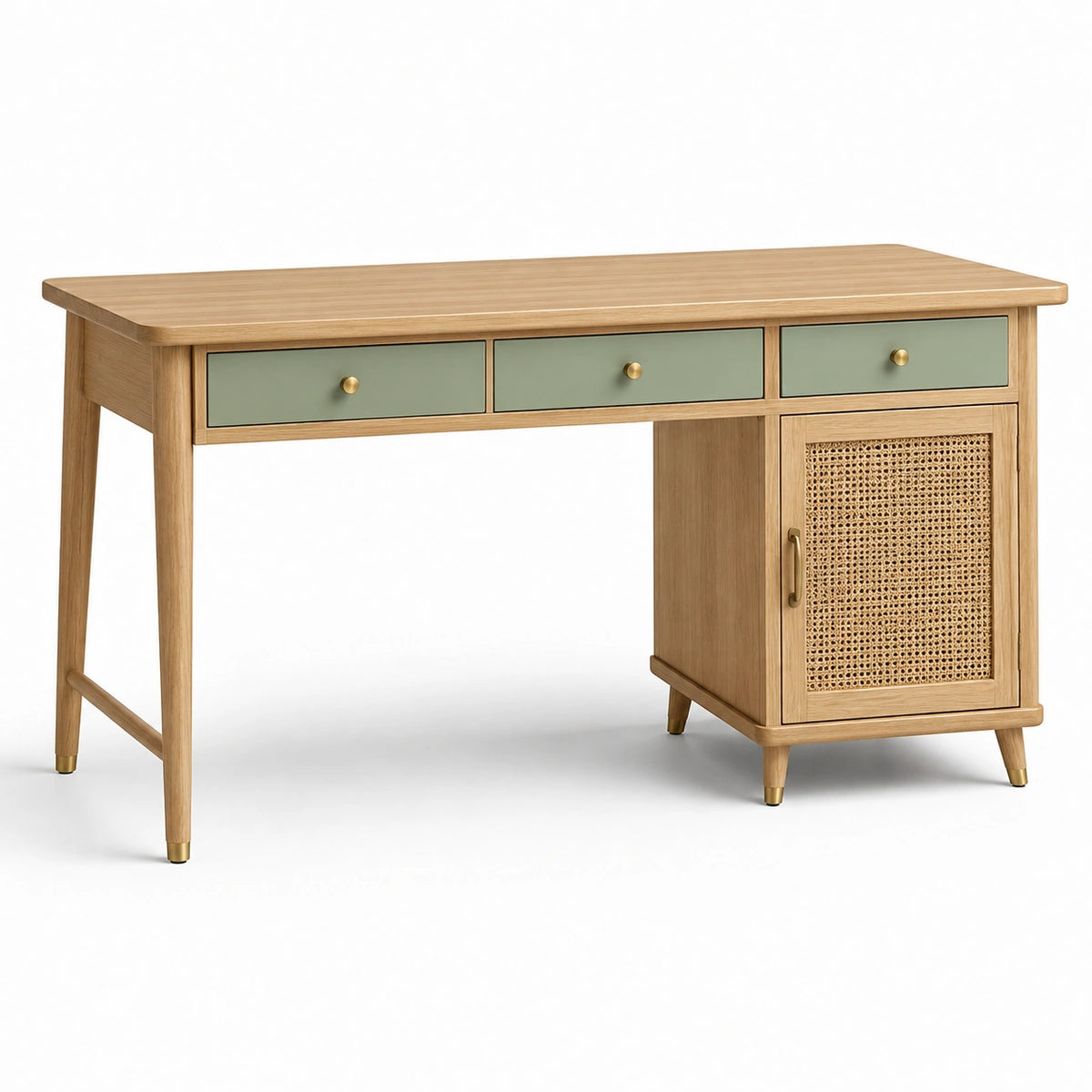 Bureau rétro 120 x 60 x 75 cm en bois naturel, vert sauge et doré avec 3 tiroirs et porte en cannage