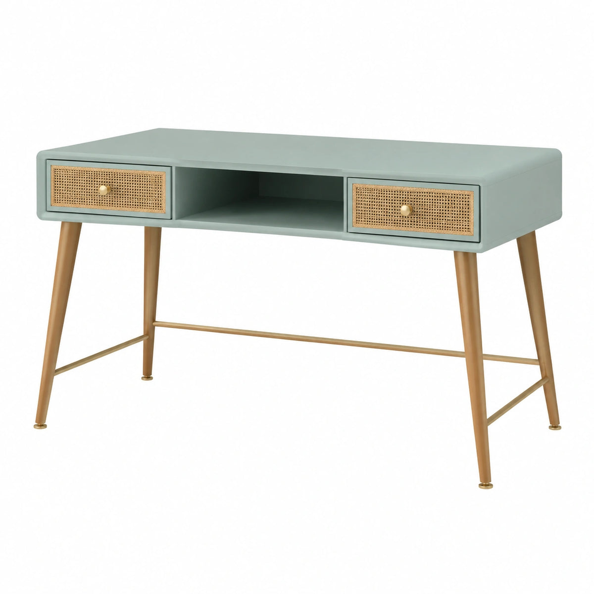 Bureau rétro vert sauge 120 x 60 x 75 cm avec 2 tiroirs en cannage naturel
