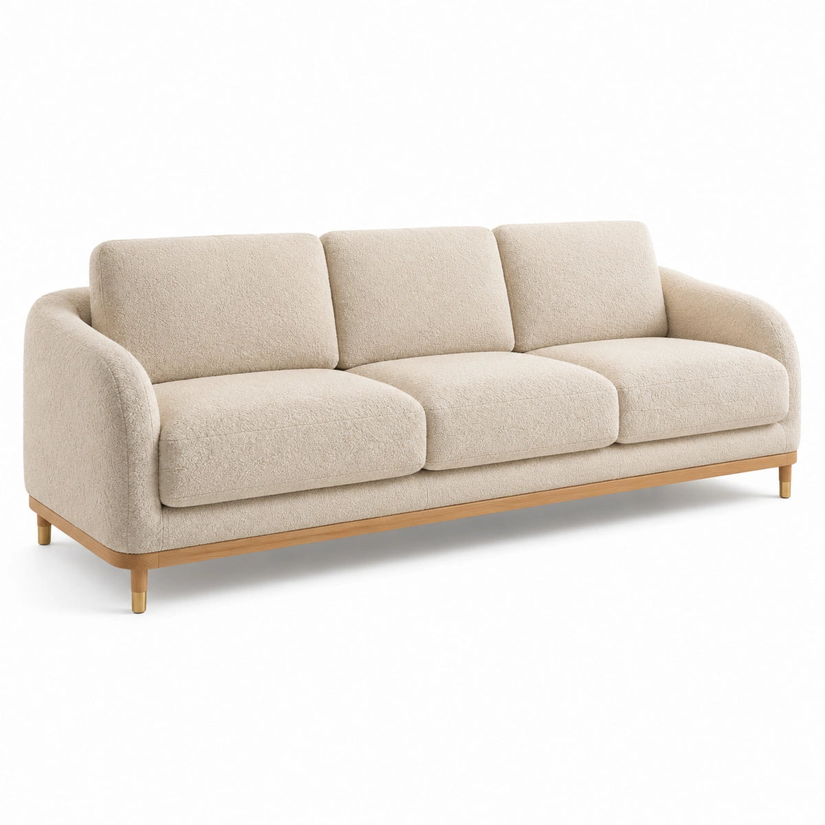 Canapé contemporain 3 places 220 x 90 x 82 cm en tissu bouclette crème avec pieds en bois naturel