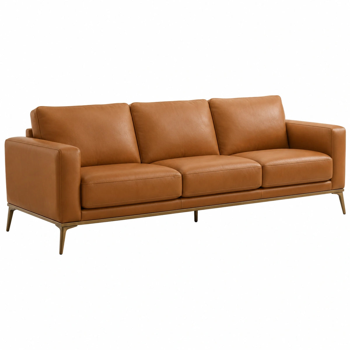 Canapé contemporain 3 places aspect cuir cognac, 220 x 90 x 85 cm