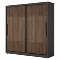 Armoire contemporaine à portes coulissantes brun effet bois et noir, 200 x 60 x 220 cm