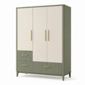 Armoire contemporaine 120 x 50 x 190 cm à 3 portes et 3 tiroirs, vert sauge, beige et doré