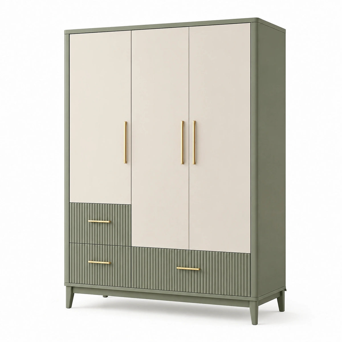 Armoire contemporaine 120 x 50 x 190 cm à 3 portes et 3 tiroirs, vert sauge, beige et doré