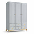 Armoire contemporaine gris clair et doré, 150 x 55 x 200 cm, 3 portes et 6 tiroirs