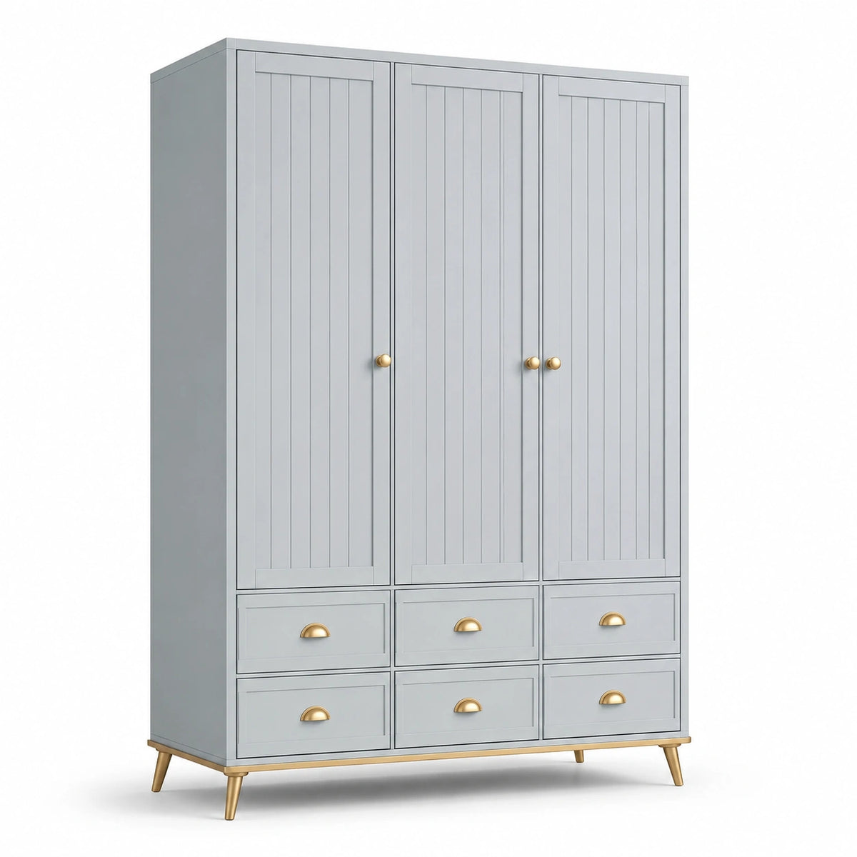 Armoire contemporaine gris clair et doré, 150 x 55 x 200 cm, 3 portes et 6 tiroirs