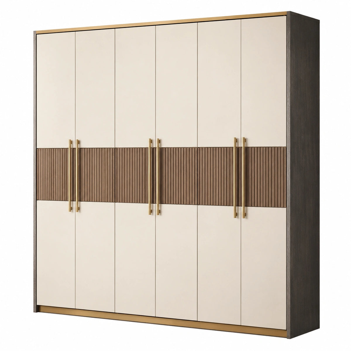Armoire contemporaine à 6 portes 240 x 60 x 220 cm, crème, marron foncé et doré