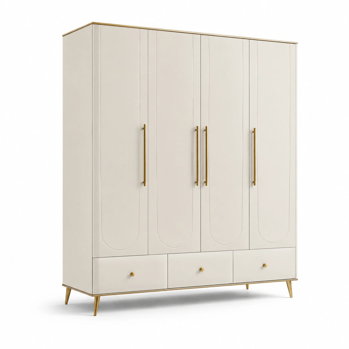 Armoire contemporaine blanche et dorée 180 x 60 x 200 cm, 4 portes et 3 tiroirs