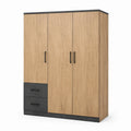Armoire industrielle 3 portes et 2 tiroirs, 120 x 52 x 200 cm, Chêne clair et Noir