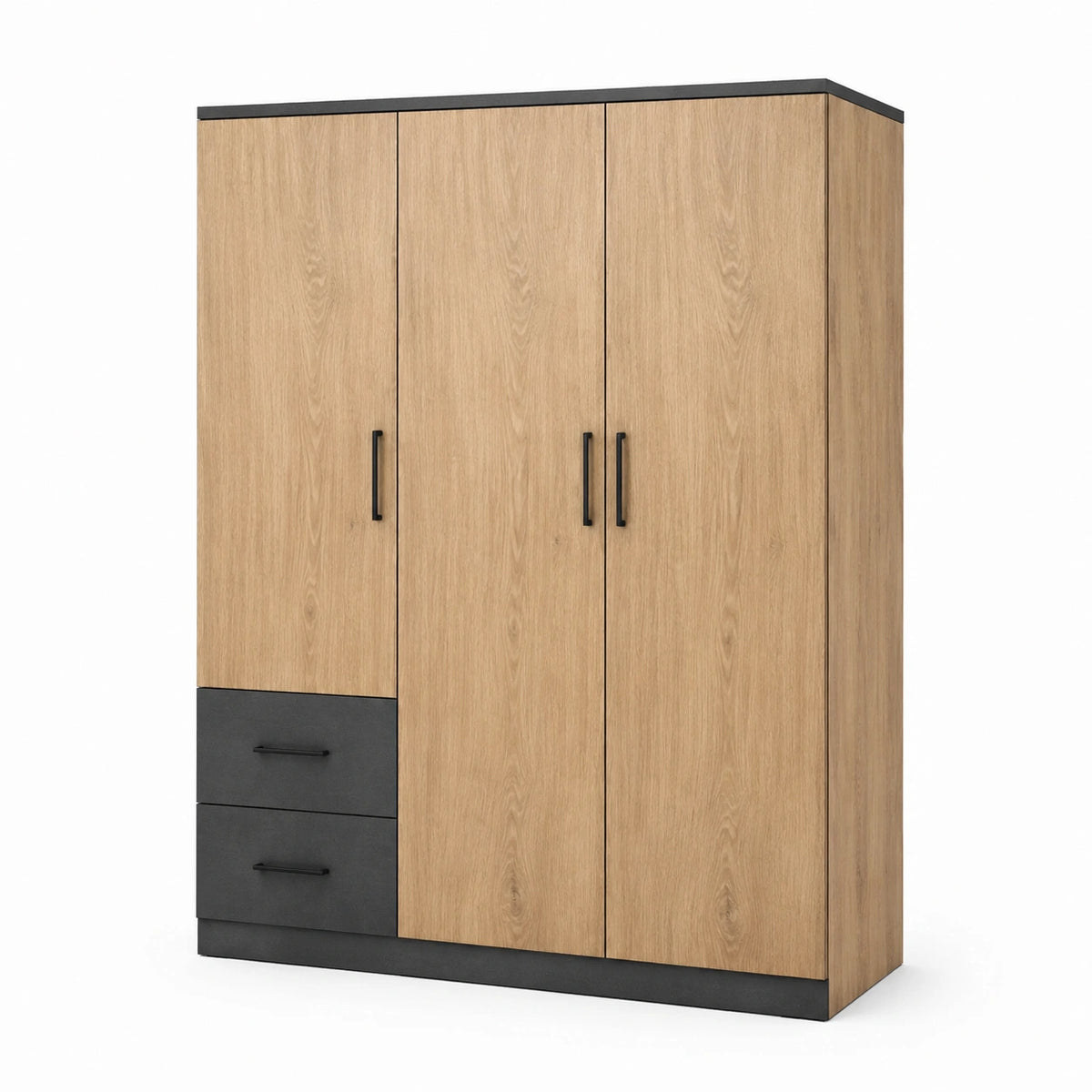 Armoire industrielle 3 portes et 2 tiroirs, 120 x 52 x 200 cm, Chêne clair et Noir