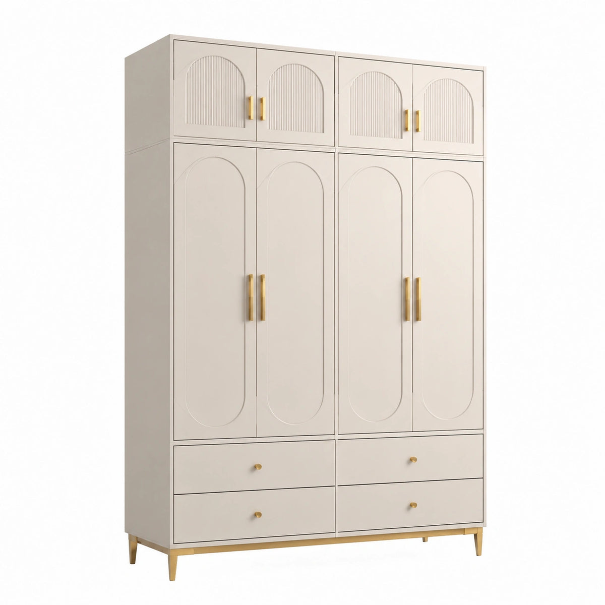 Armoire contemporaine beige et dorée 160 x 50 x 220 cm, 8 portes et 4 tiroirs